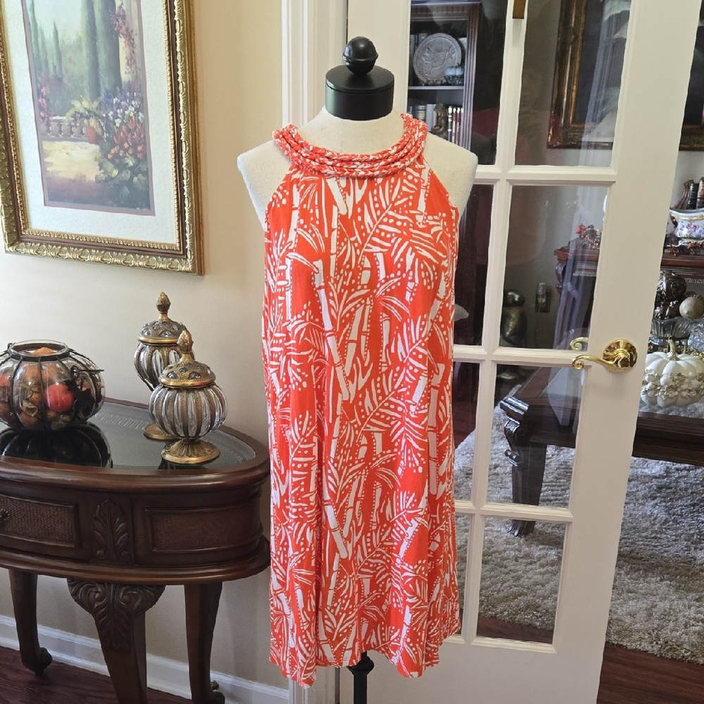 Crown & Ivy Orange White Bamboo Print Dress Braided Neckline Sleeveless sz L EUC